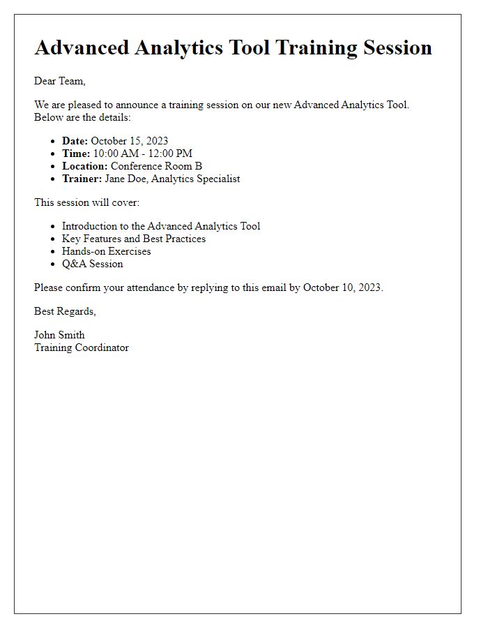 Letter template of advanced analytics tool training session details