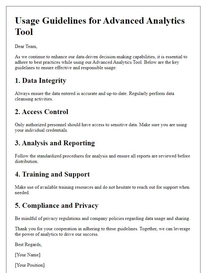 Letter template of advanced analytics tool usage guidelines