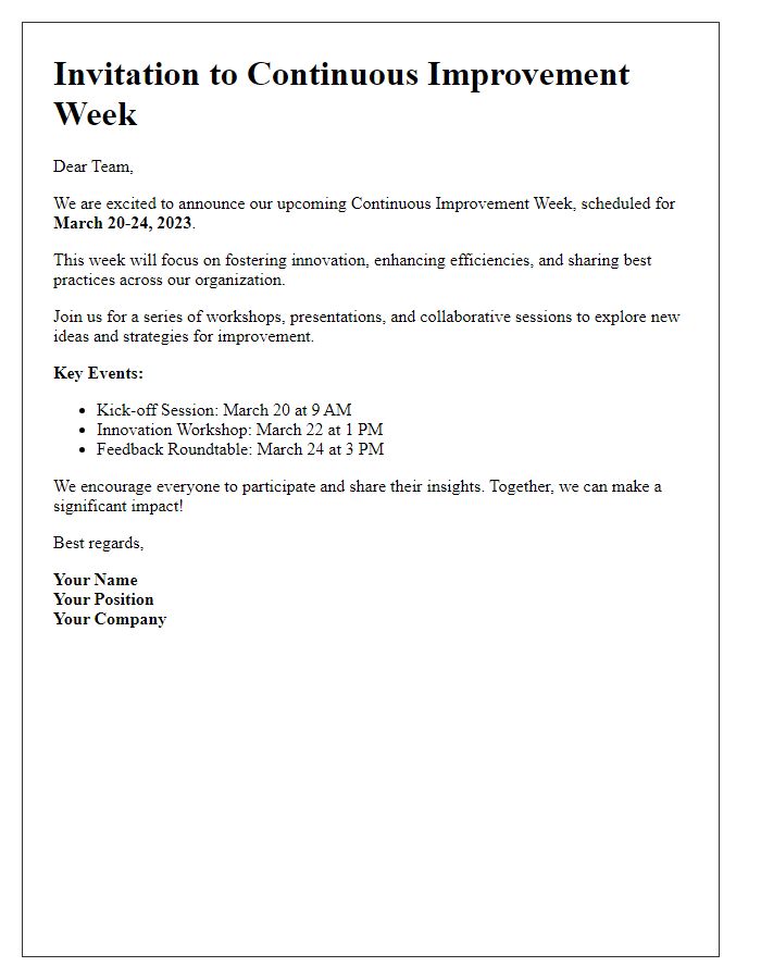 Letter template of announcement for continuous improvement week invitation