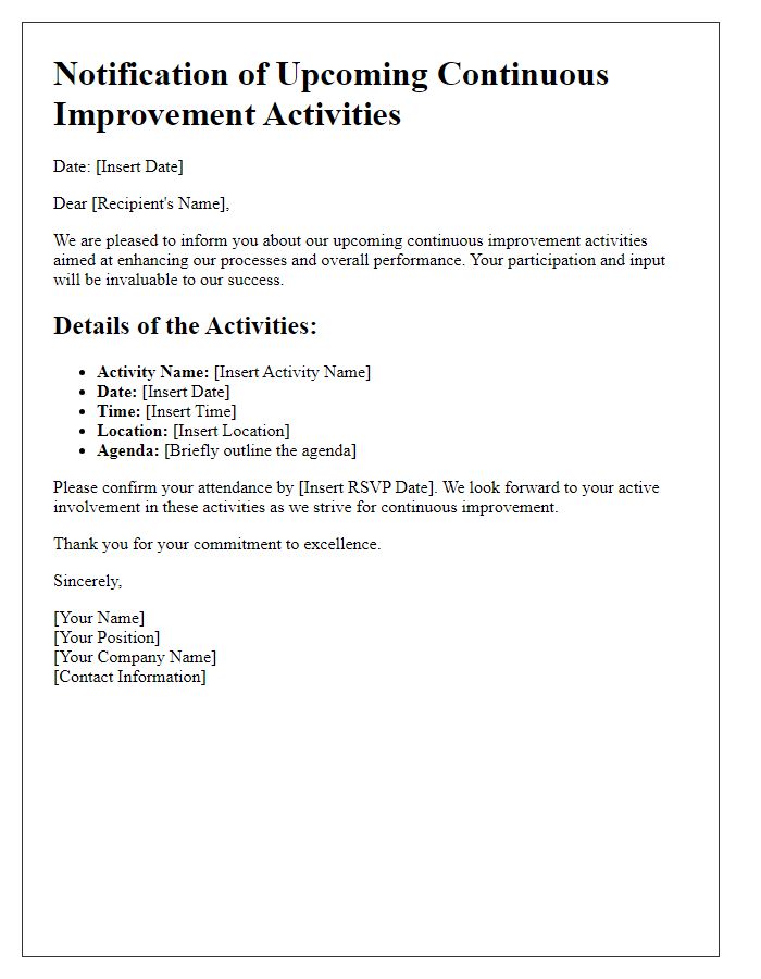 Letter template of notification for upcoming continuous improvement activities