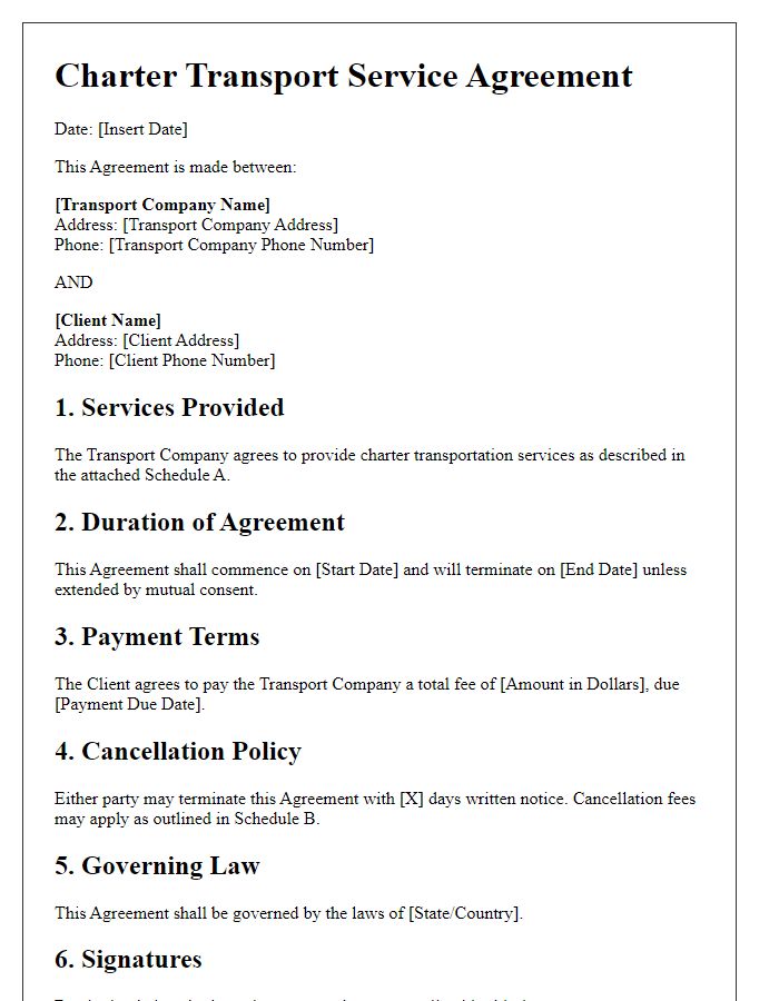 Letter template of charter transport service agreement