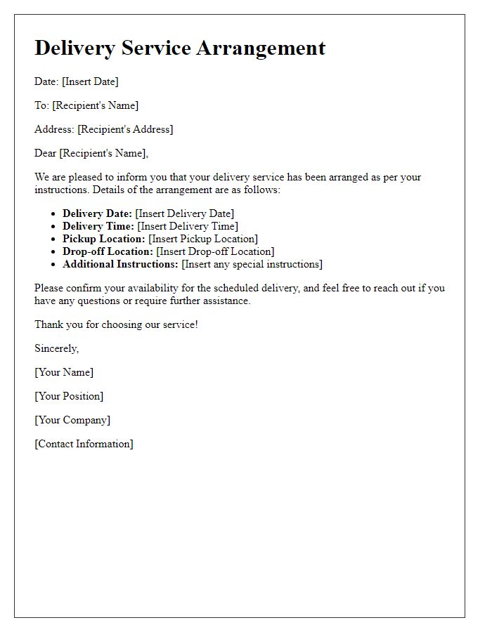 Letter template of delivery service arrangement