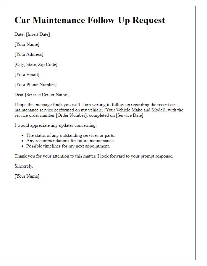 Letter template of car maintenance follow-up request