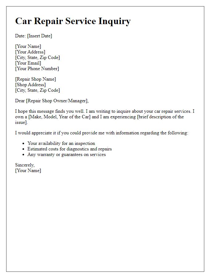 Letter template of car repair service inquiry