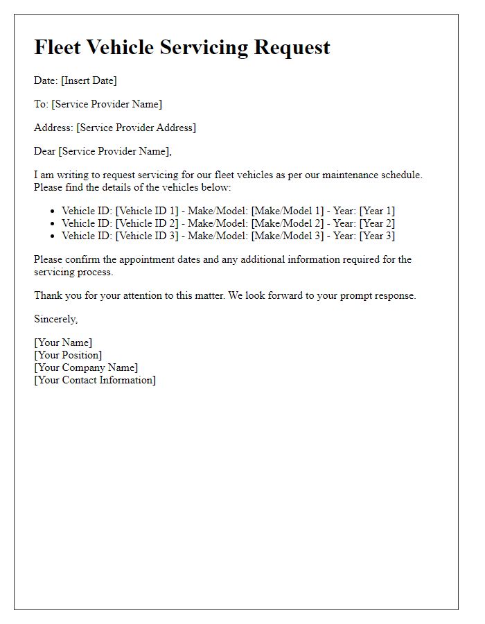 Letter template of fleet vehicle servicing request