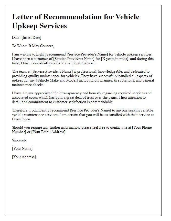 Letter template of service recommendation for vehicle upkeep