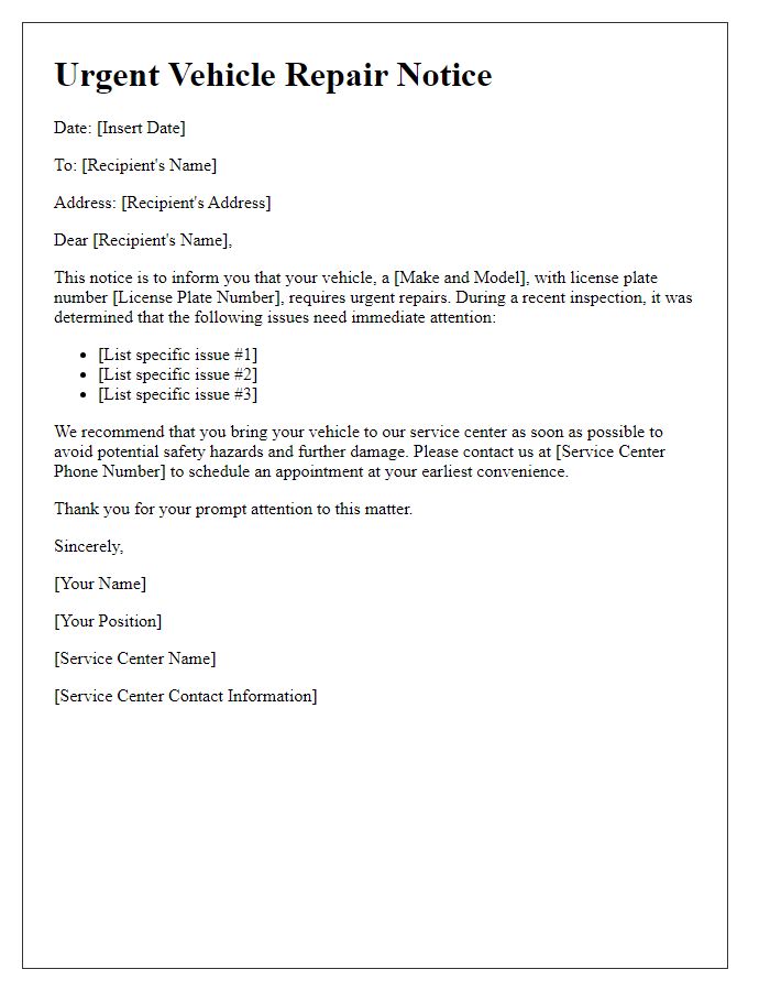 Letter template of urgent vehicle repair notice