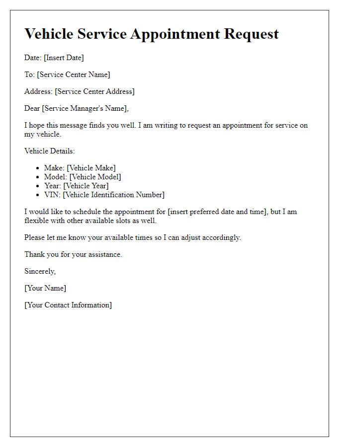 Letter template of vehicle service appointment request