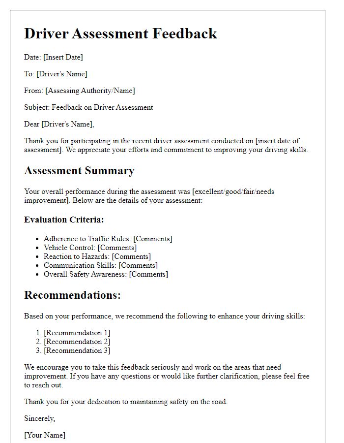 Letter template of driver assessment feedback