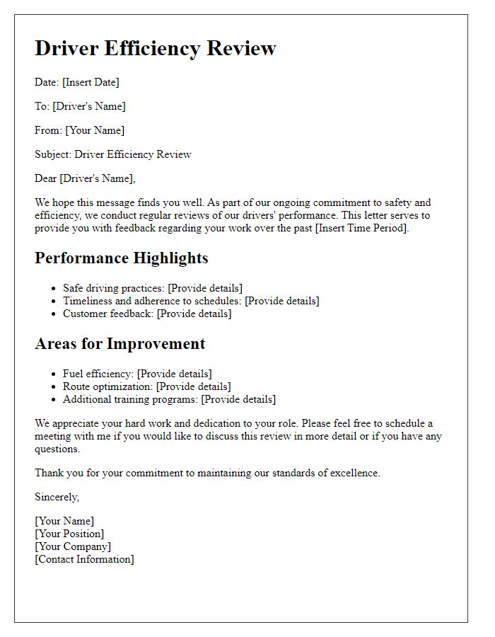 Letter template of driver efficiency review