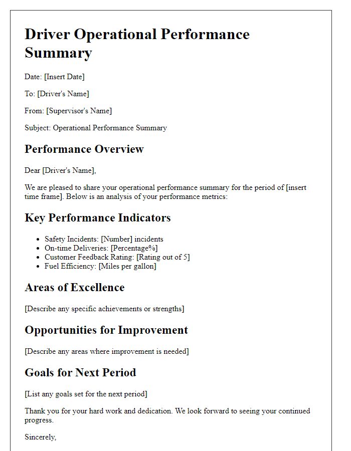 Letter template of driver operational performance summary