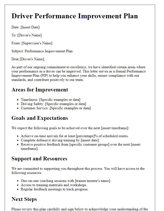 Letter template of driver performance improvement plan