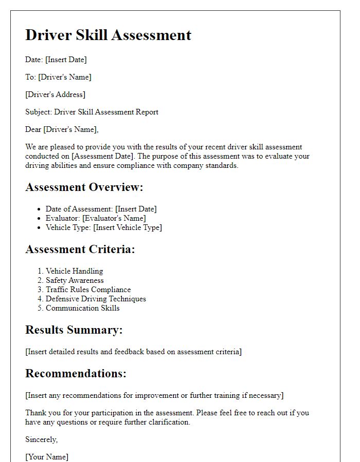 Letter template of driver skill assessment document