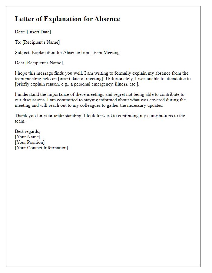 Letter template of explanation for absence from the team meeting