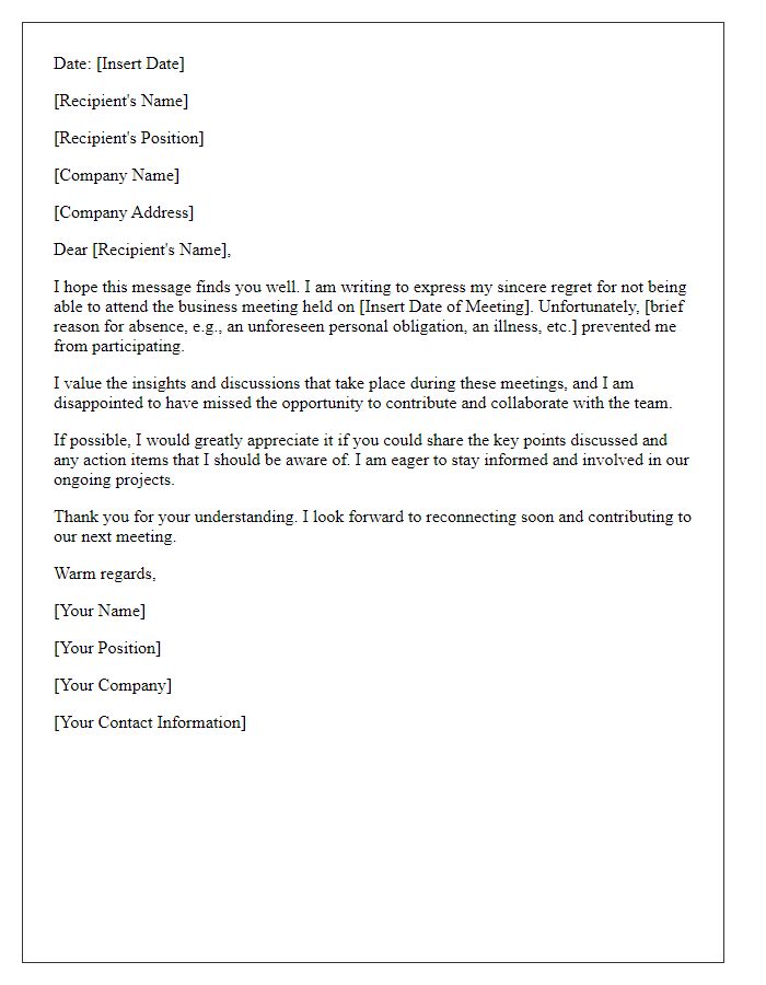 Letter template of regret for absence in a business meeting