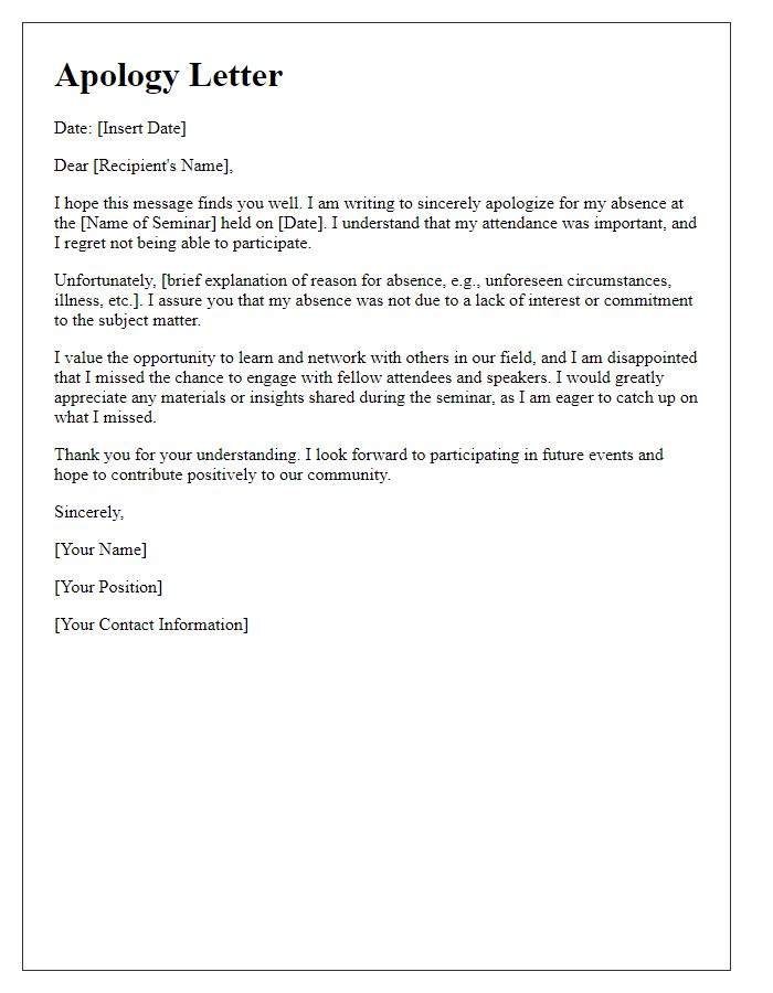 Letter template of sincere apology for failing to attend a seminar