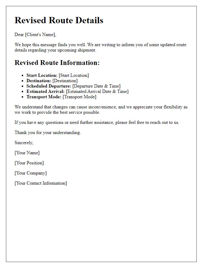 Letter template of revised route details for clients