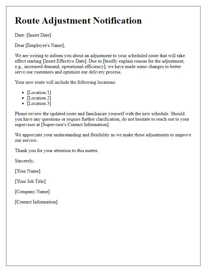 Letter template of route adjustment communication for employees