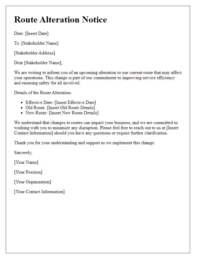 Letter template of route alteration notice for stakeholders