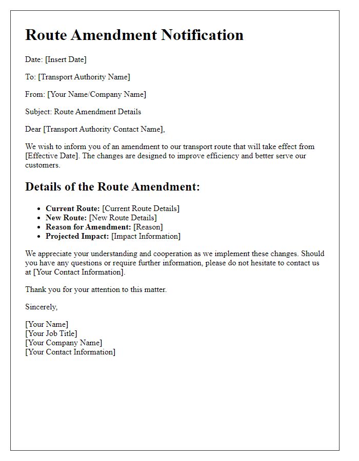 Letter template of route amendment details for transport authorities