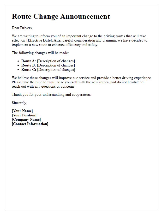 Letter template of route change announcement for drivers