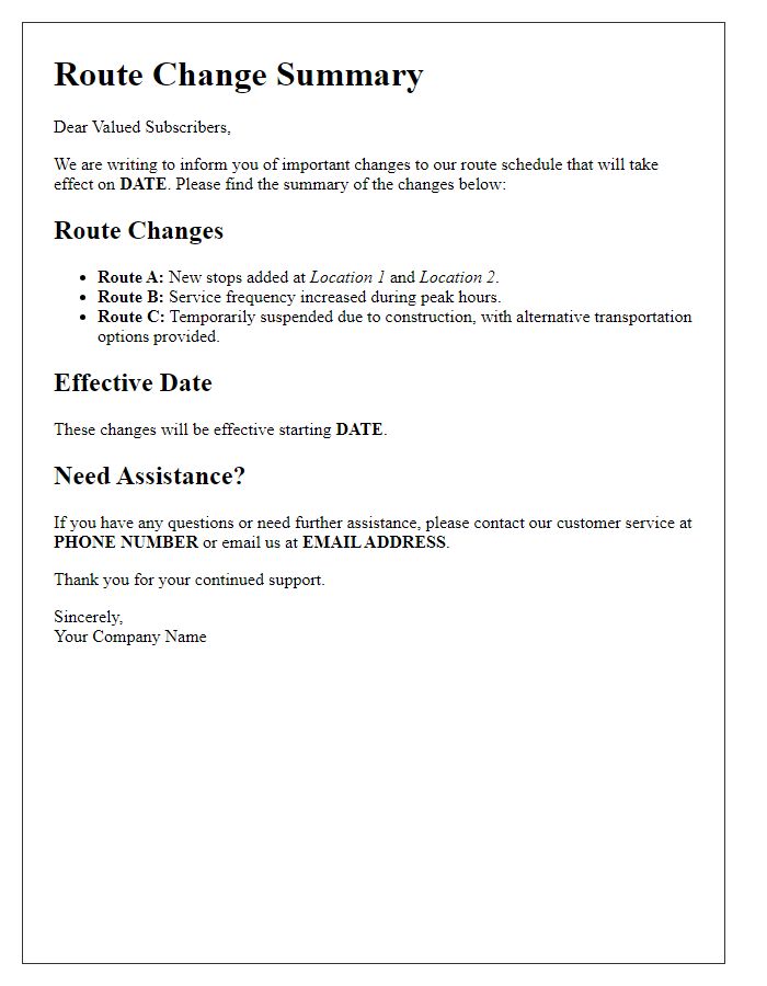 Letter template of route change summary for mailing list subscribers