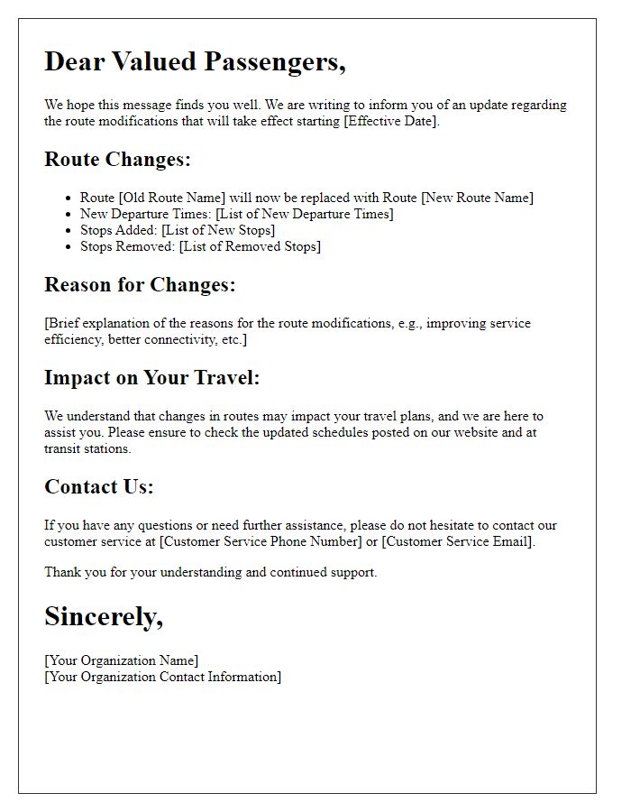 Letter template of route modification update for passengers