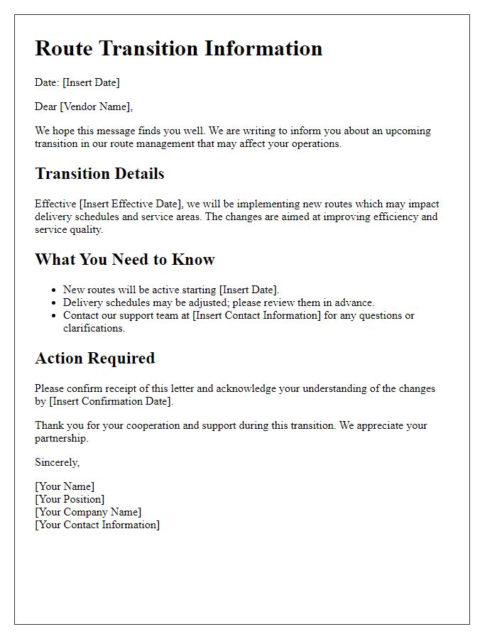 Letter template of route transition information for vendors