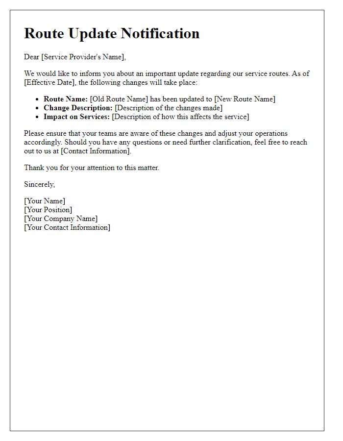 Letter template of route update notification for service providers