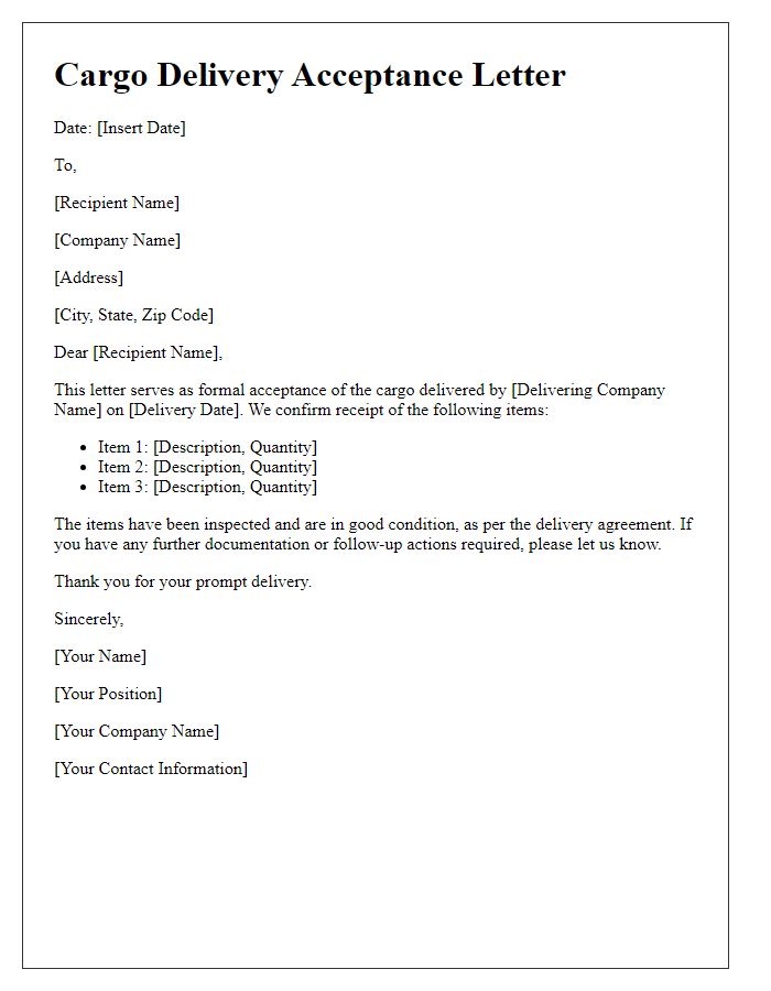 Letter template of cargo delivery acceptance