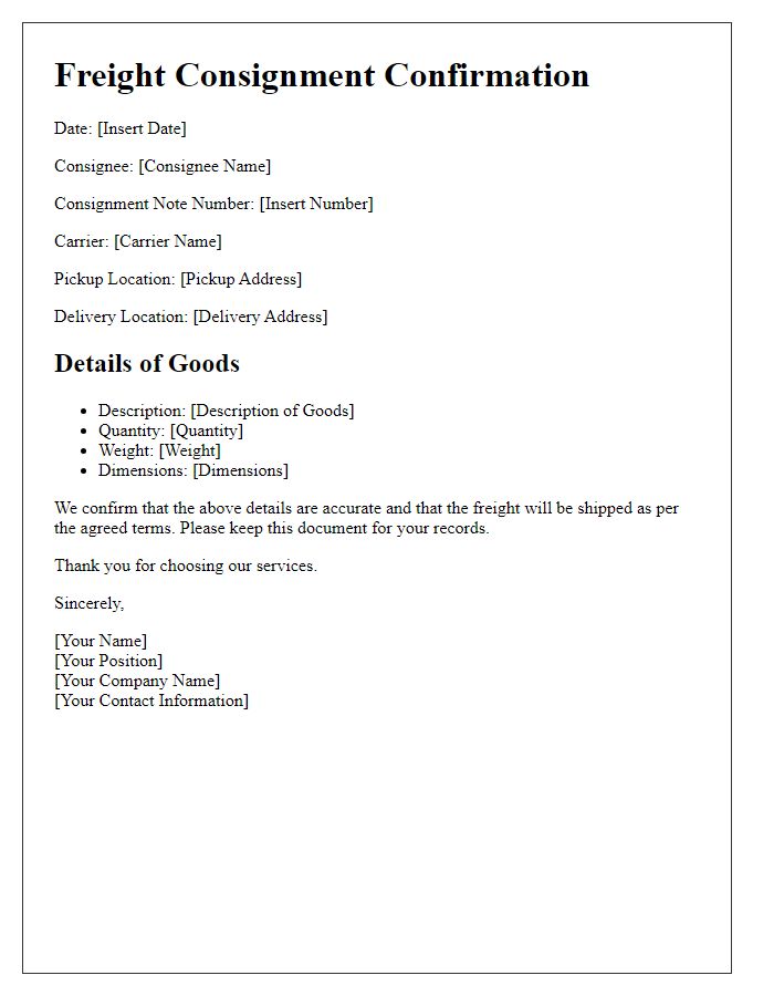 Letter template of freight consignment confirmation