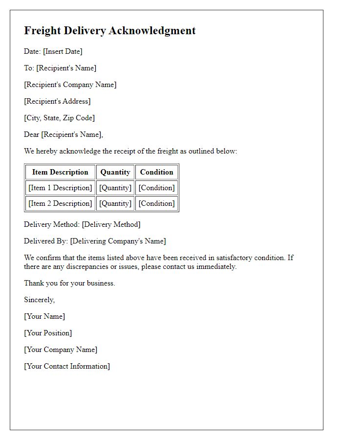 Letter template of freight delivery acknowledgment