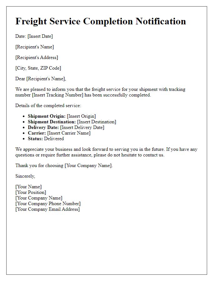 Letter template of freight service completion notification