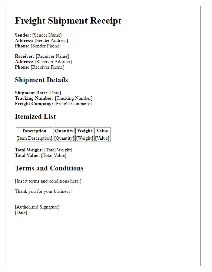 Letter template of freight shipment receipt