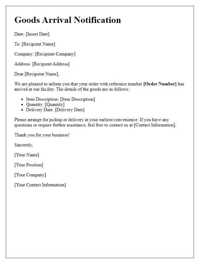 Letter template of goods arrival notification