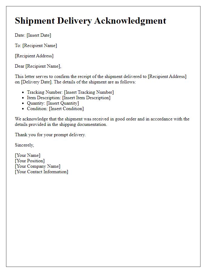 Letter template of shipment delivery acknowledgment