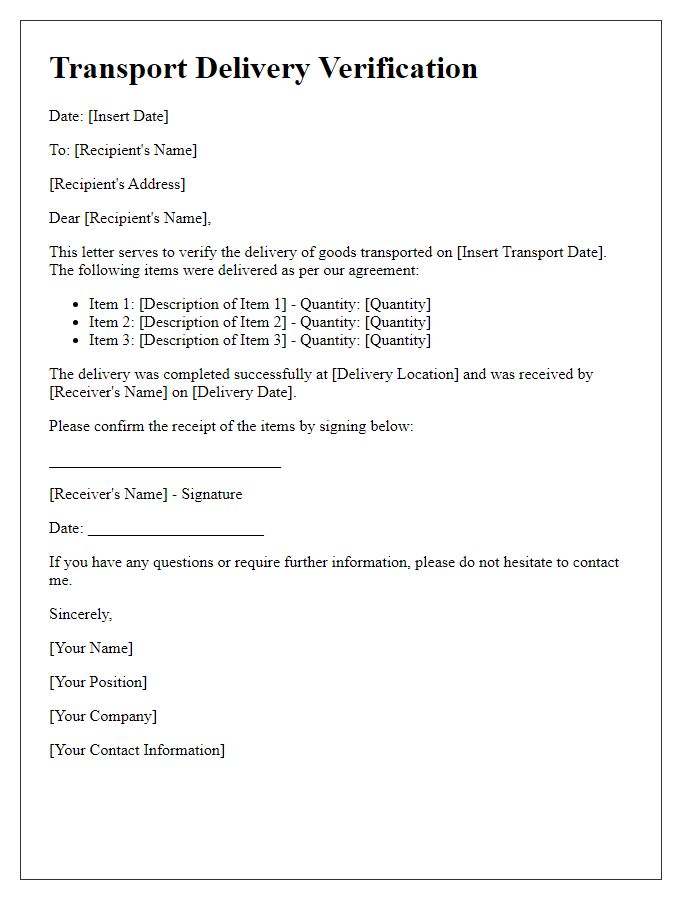 Letter template of transport delivery verification