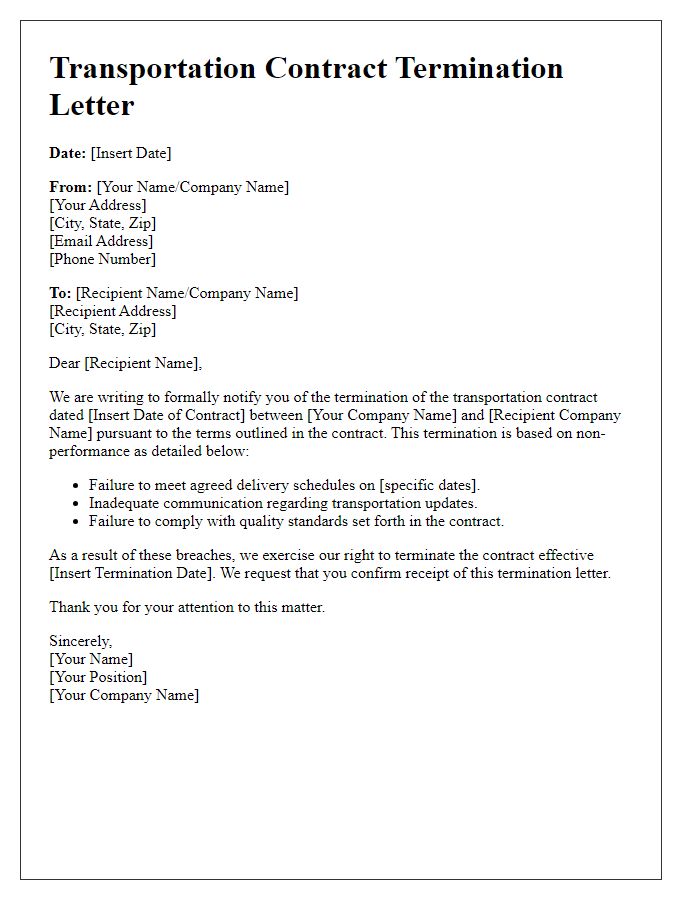 Letter template of transportation contract termination based on non-performance.