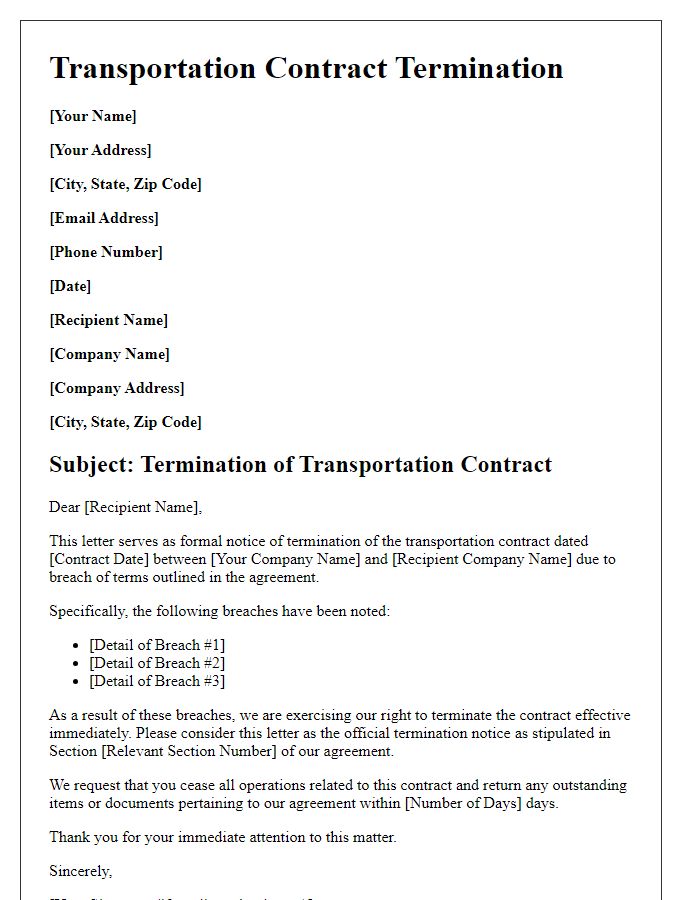 Letter template of transportation contract termination for breach of terms.