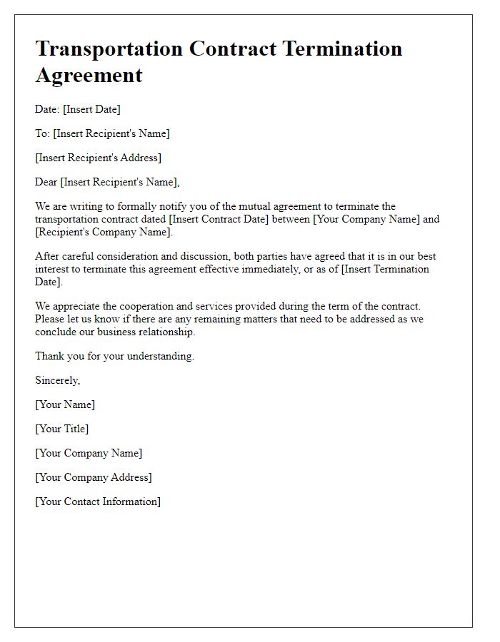 Letter template of transportation contract termination for mutual agreement.