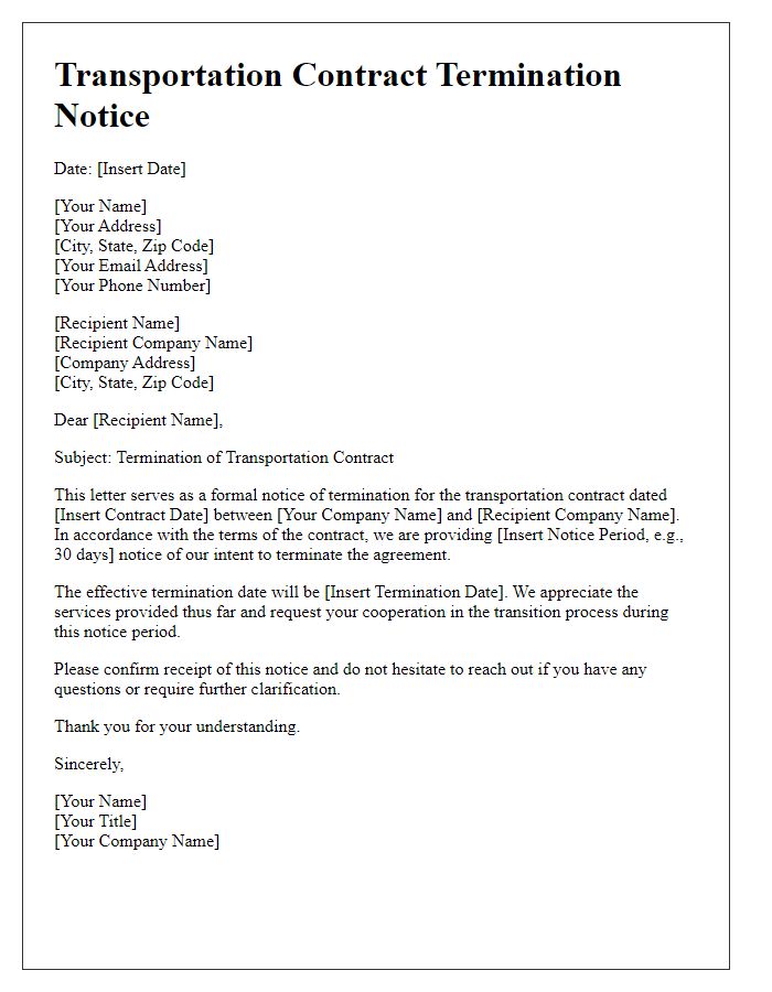 Letter template of transportation contract termination with notice period.