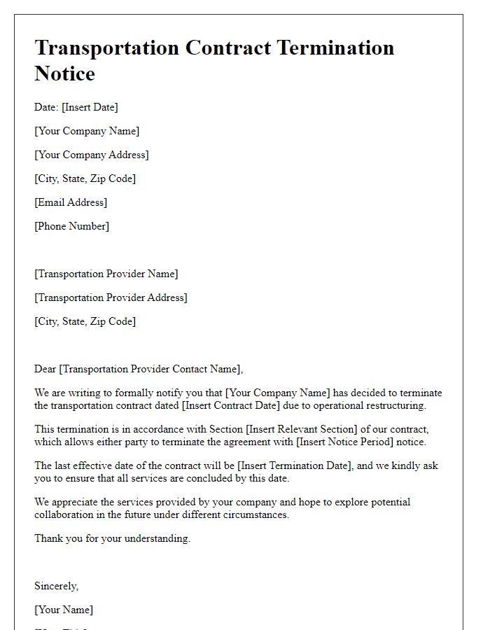 Letter template of transportation contract termination for operational restructuring.