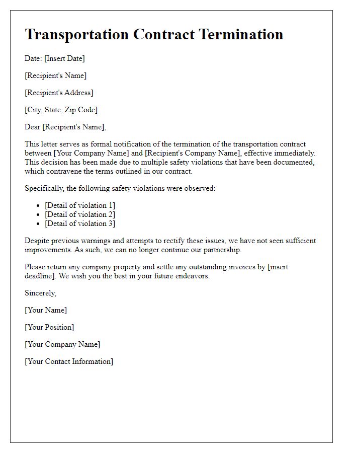 Letter template of transportation contract termination for safety violations.