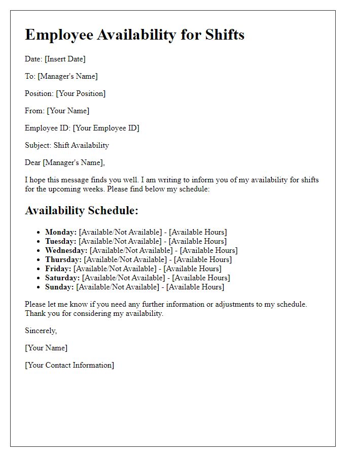 Letter template of employee availability for shifts