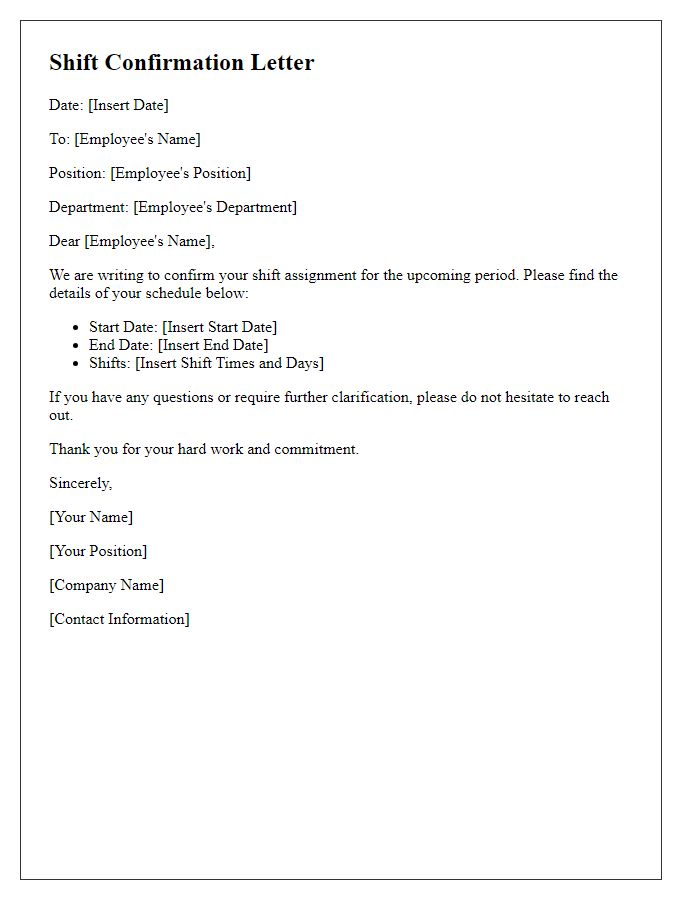 Letter template of employee shift confirmation