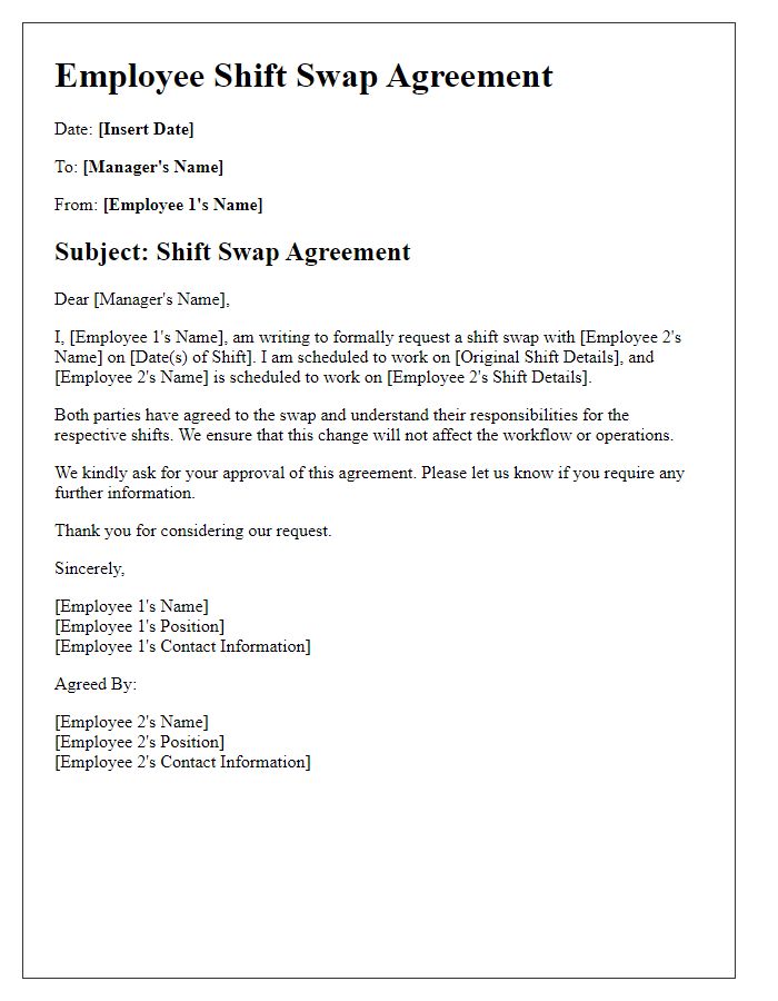 Letter template of employee shift swap agreement