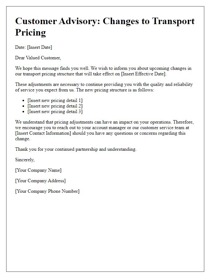 Letter template of customer advisory for transport pricing changes