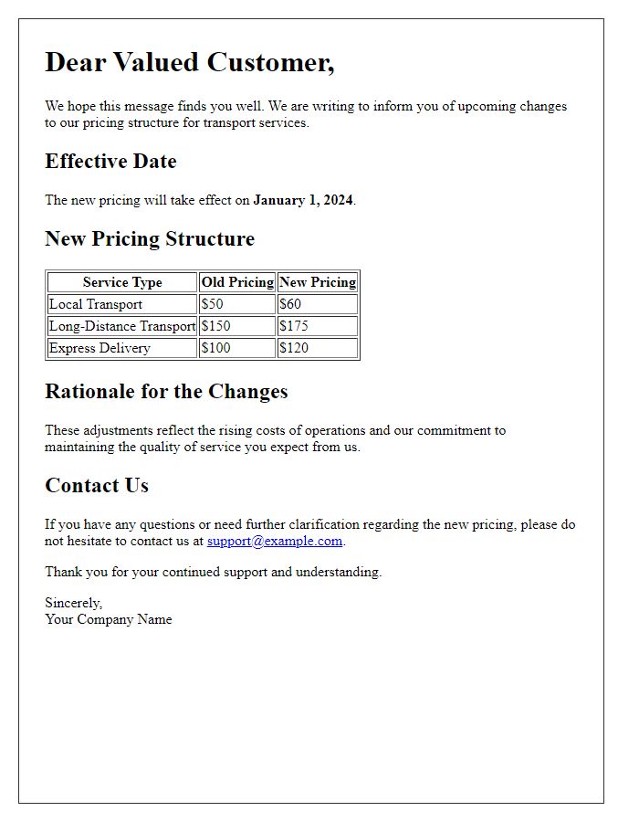 Letter template of details on new pricing for transport services