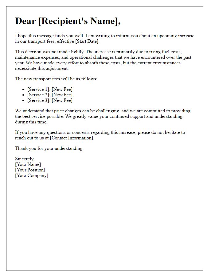 Letter template of explanation for transport fee increase