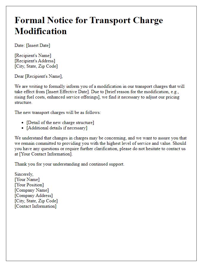 Letter template of formal notice for transport charge modification